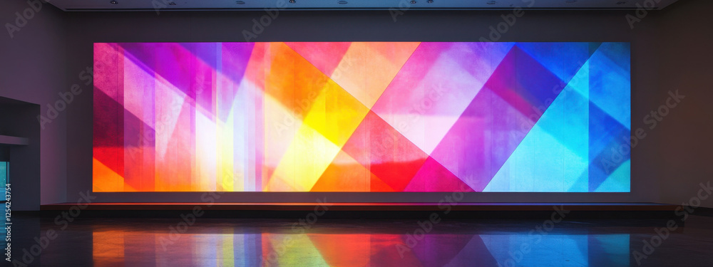 Fototapeta premium Vibrant abstract art installation with bold geometric patterns and a vivid color spectrum displayed on a large wall in a modern gallery setting.