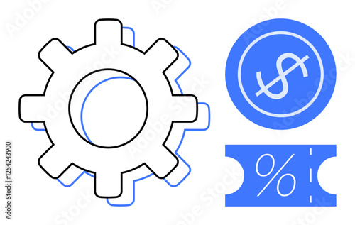 Gear with dollar coin and percentage ticket symbolizing efficiency, production, finance, savings, and integration. Ideal for business management, economic analysis, finance, productivity cost