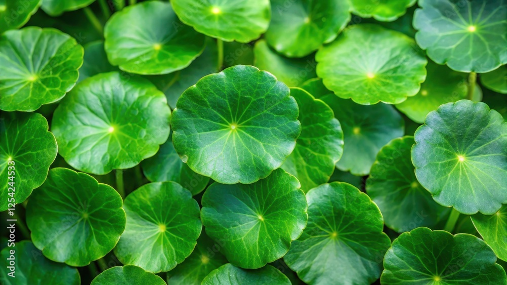 Close-up of fresh green leaves with visible veins and soft texture, centella asiatica, foliage Close-up of fresh green leaves with visible veins and soft texture, centella asiatica, foliage