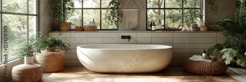 Serene and elegantly designed bathroom interior featuring a modern freestanding bathtub surrounded by lush greenery and natural lighting.