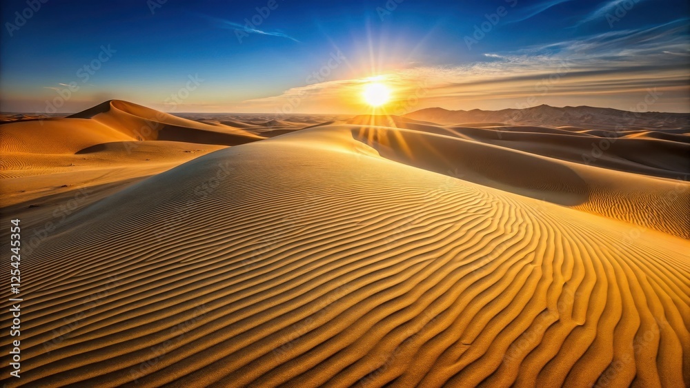 Naklejka premium Dunes of golden sand stretching towards the horizon at sunrise in Egypt's Arabian Desert