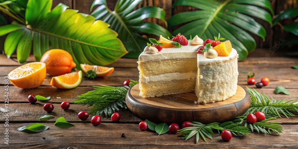 Moist coconut cake with a slice cut out on a rustic wooden table, surrounded by fresh tropical fruits and greenery, wood, sweet Moist coconut cake with a slice cut out on a rustic wooden table, surrounded by fresh tropical fruits and greenery, wood, sweet