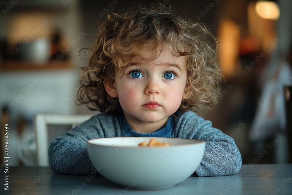 Curly haired toddler boy with blue eyes eating