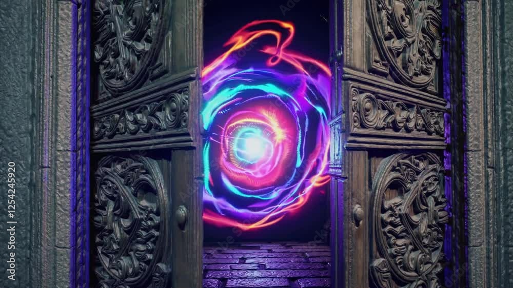 Ornate Carved Wooden Doors Ajar with a Glowing Light Between