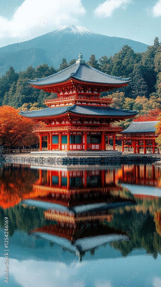 Pixelated Red Temple Reflection In Autumnal Japanese Lake Pixelated Red Temple Reflection In Autumnal Japanese Lake
