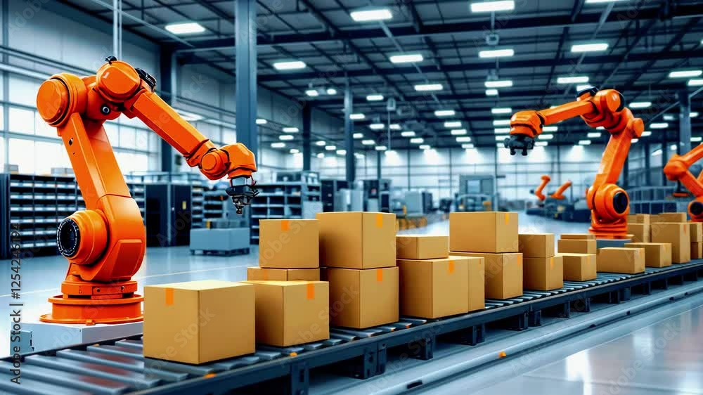 Automated robotic arms efficiently sorting and packaging boxes in a modern warehouse environment Automated robotic arms efficiently sorting and packaging boxes in a modern warehouse environment