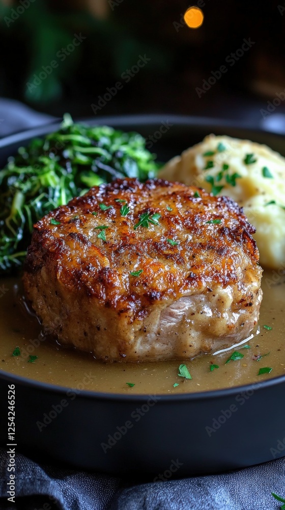 Succulent Pork Chop with Rich Gravy, Creamy Mashed Potatoes, and Sautéed Greens - Perfect Comfort Food Recipe for Dinner - Gourmet Meal Presentation Succulent Pork Chop with Rich Gravy, Creamy Mashed Potatoes, and Sautéed Greens - Perfect Comfort Food Recipe for Dinner - Gourmet Meal Presentation
