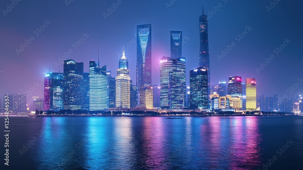 Night cityscape panorama, skyscrapers reflecting in water. Night cityscape panorama, skyscrapers reflecting in water.