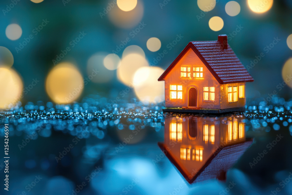 A miniature house model reflecting on water with glowing lights in background creates warm atmosphere A miniature house model reflecting on water with glowing lights in background creates warm atmosphere