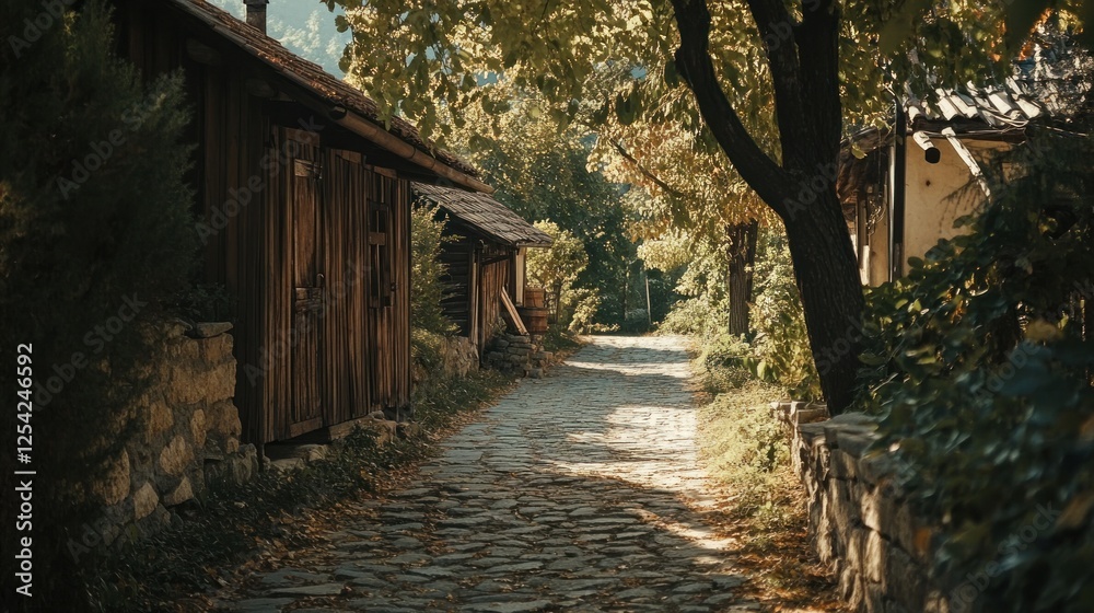 Sunlit cobblestone path between rustic wooden houses and lush foliage. Sunlit cobblestone path between rustic wooden houses and lush foliage.