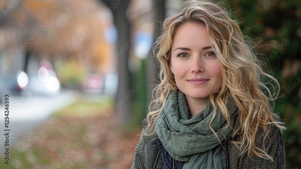A Young Woman with Blonde Hair Wearing a Scarf Stands Outdoors on a Fall Day, Surrounded by Subtle Autumn Foliage and a Blurred Urban Street Background A Young Woman with Blonde Hair Wearing a Scarf Stands Outdoors on a Fall Day, Surrounded by Subtle Autumn Foliage and a Blurred Urban Street Background