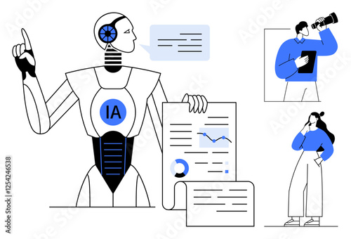 Robot with IA on chest holding data, graphs. Person using telescope, other pondering with tablet. Ideal for technology, AI, data analysis, future innovation decision making research. Abstract line