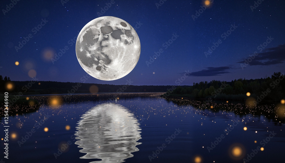 Futuristic city skyline at night with large pink moon, Full moon reflection, Worm moon Futuristic city skyline at night with large pink moon, Full moon reflection, Worm moon