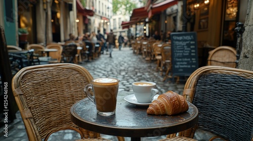 Parisian cafe, outdoor seating, coffee, croissant,  busy street photo