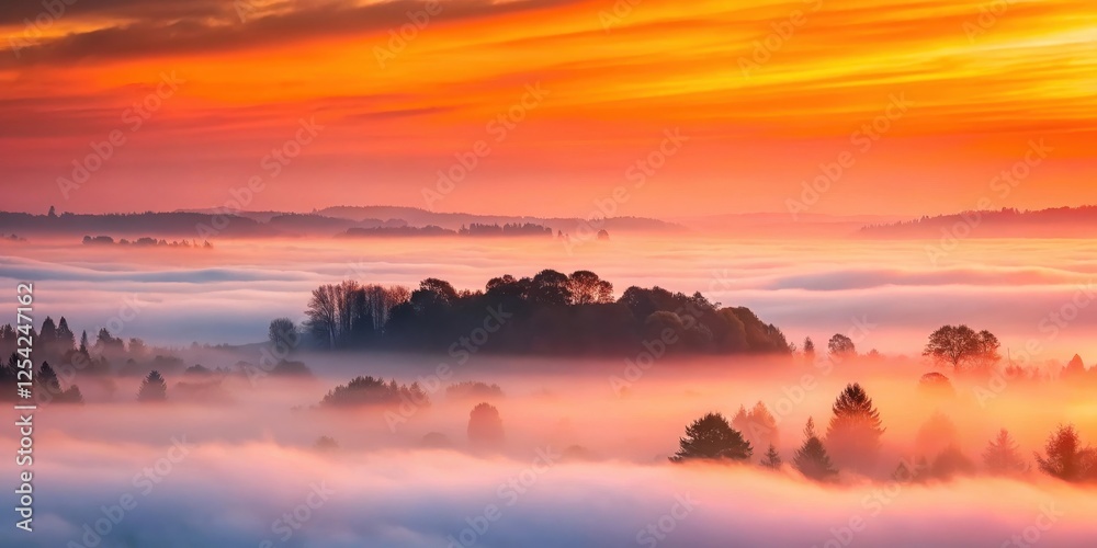 Fototapeta premium Soft pink and orange hues illuminate the foggy landscape as a sunrise slowly peeks above the horizon, fog, serene, fog