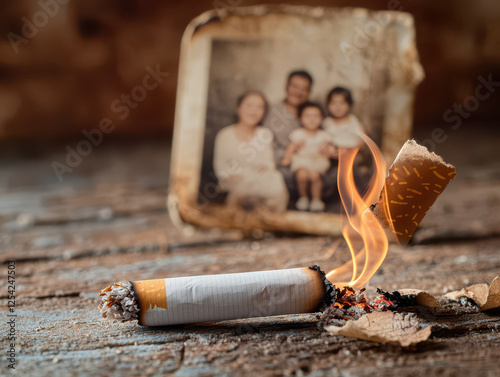 Quitting smoking according to the concept of drug addiction treatment. burning cigarette with smoke and ashes, evoking nostalgia and memories