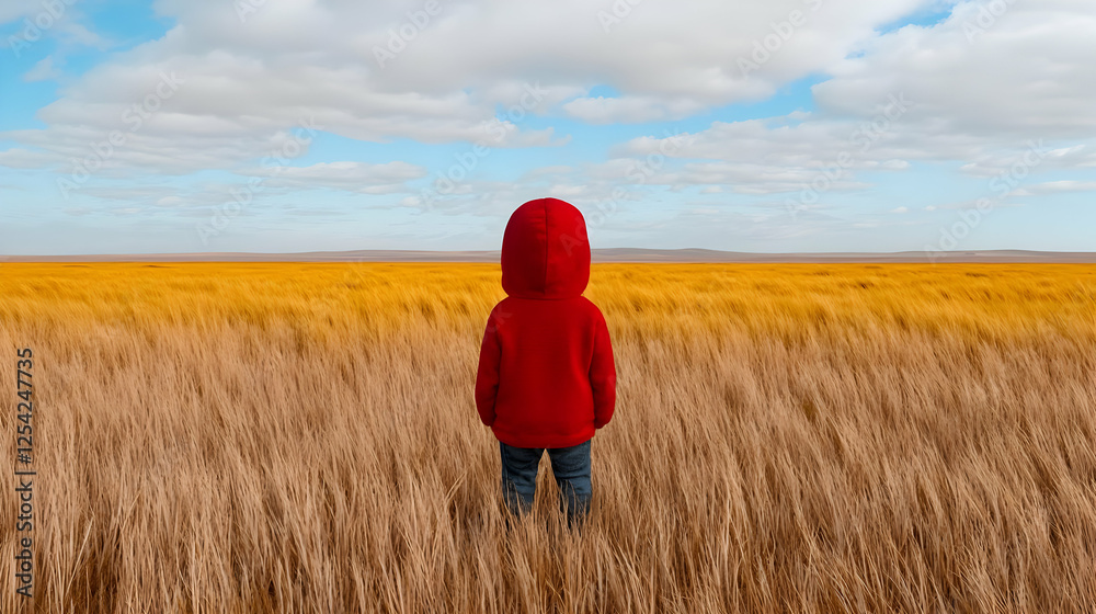 Child in red hoodie stands in autumn field, vast sky backdrop; nature contemplation image Child in red hoodie stands in autumn field, vast sky backdrop; nature contemplation image