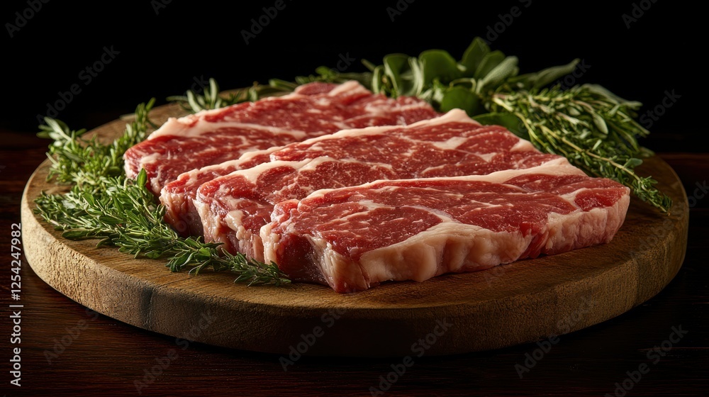 Raw beef steaks on wooden board with herbs. Food preparation Raw beef steaks on wooden board with herbs. Food preparation