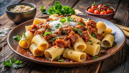 A steaming plate of rigatoni with bolognese sauce and sliced braciola on top photo