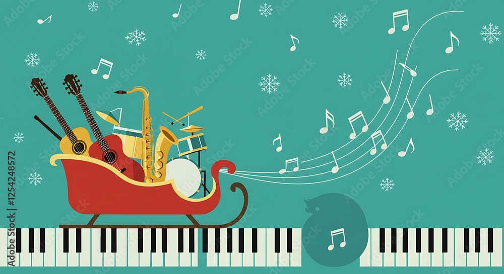 Obraz premium Musical instruments in Christmas sleigh flat vector icon. Live music jazz festival cartoon design element in retro color minimal style. Winter New Year holidays season event background illustration