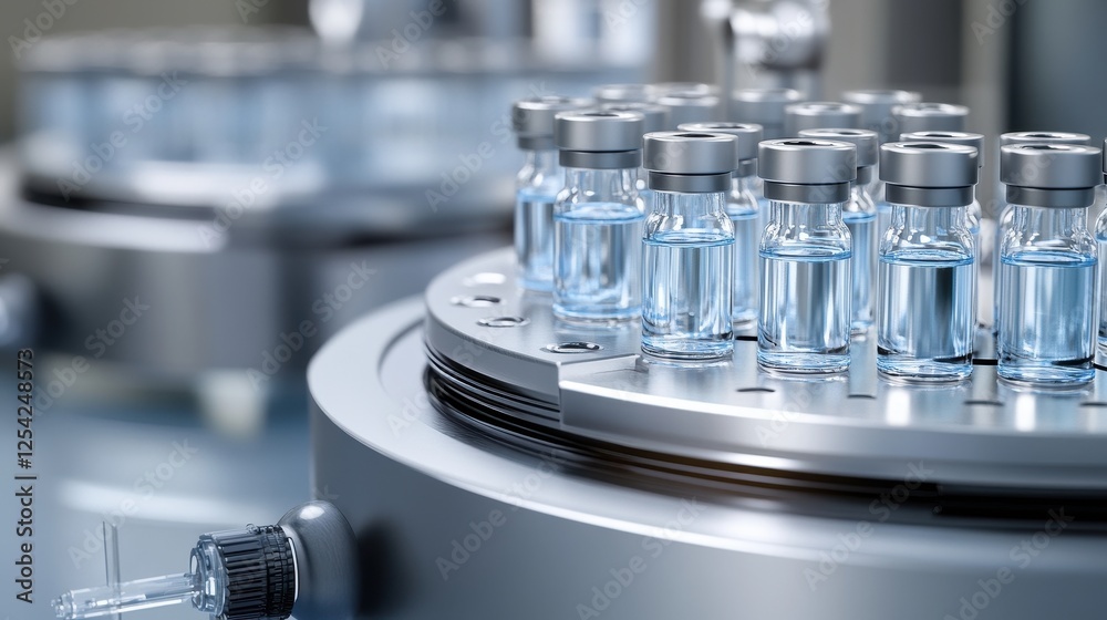 Experimental vaccine vials are arranged systematically in a sterile laboratory environment Experimental vaccine vials are arranged systematically in a sterile laboratory environment