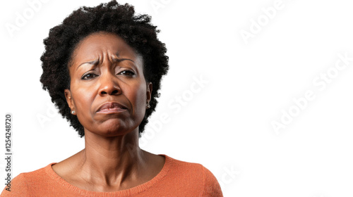 Serious black woman frowning and showing displeasure on transparent background
