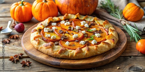 Pumpkin Galette with Caramelized Onions and Feta Cheese, served on a rustic wooden board