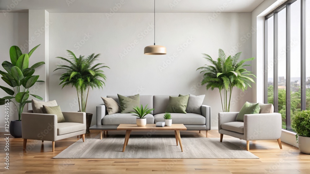 Fototapeta premium Minimalist Living Room with Sofas and Plants, minimalist decor, sofa, minimalist decor