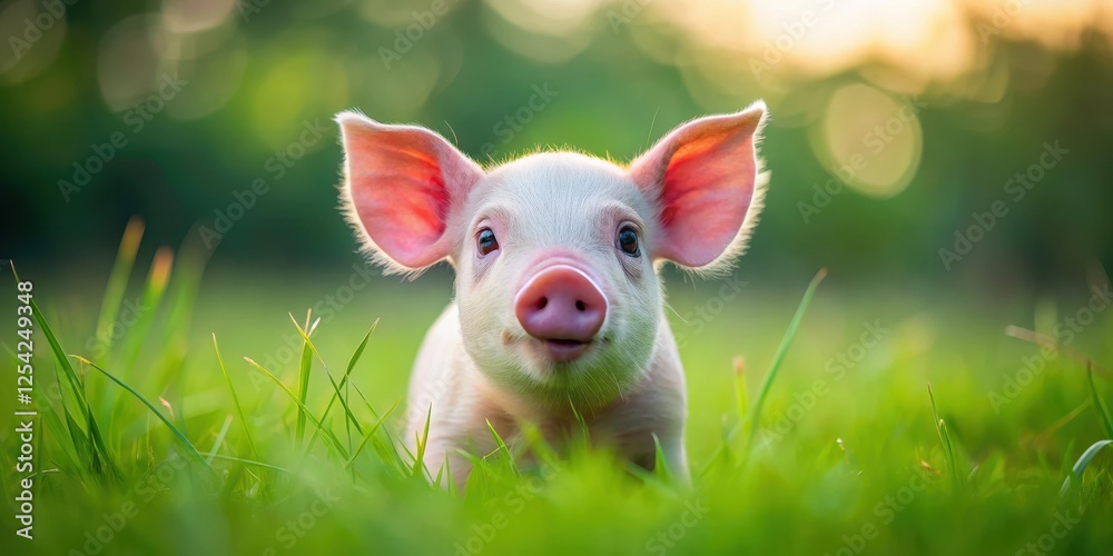 Small piglet with pink snout and large expressive eyes in a green meadow, grass, happy piglet, grass Small piglet with pink snout and large expressive eyes in a green meadow, grass, happy piglet, grass