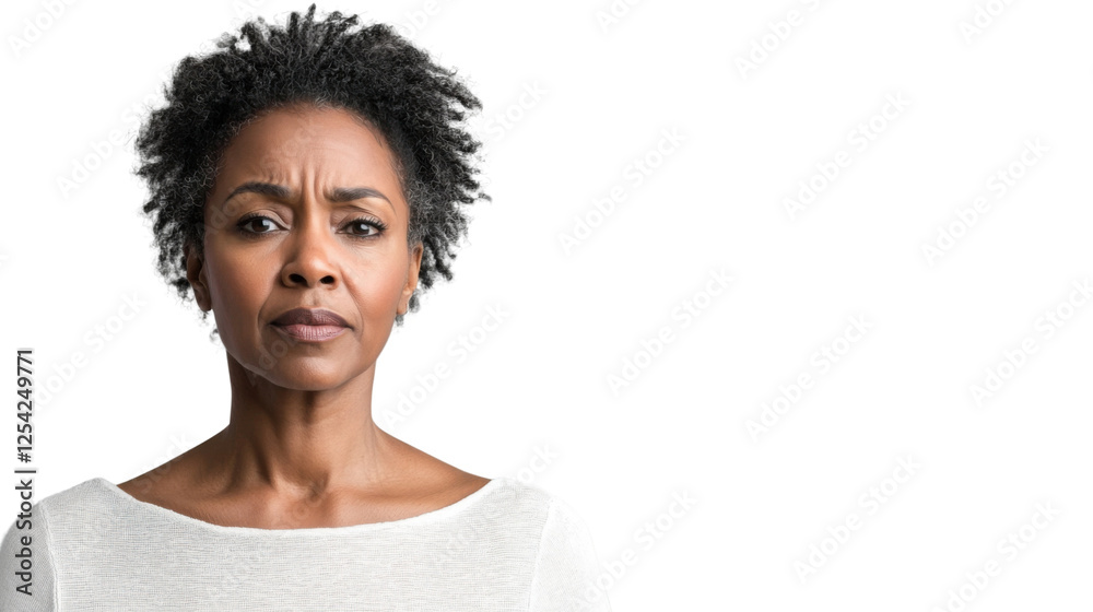 Serious black woman with short hair showing displeasure on transparent background Serious black woman with short hair showing displeasure on transparent background
