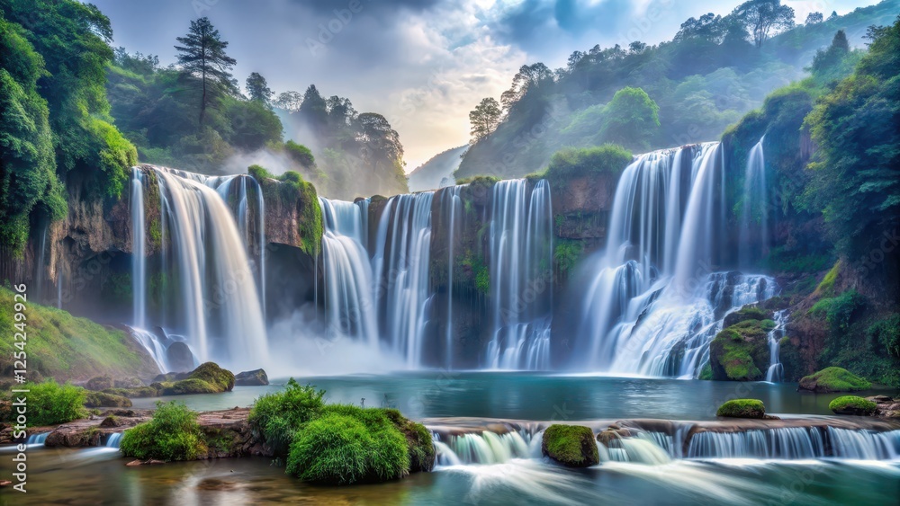 Panoramic view of Nuorilang Waterfall in misty morning, nuorilang, trekking, nuorilang, trekking Panoramic view of Nuorilang Waterfall in misty morning, nuorilang, trekking, nuorilang, trekking