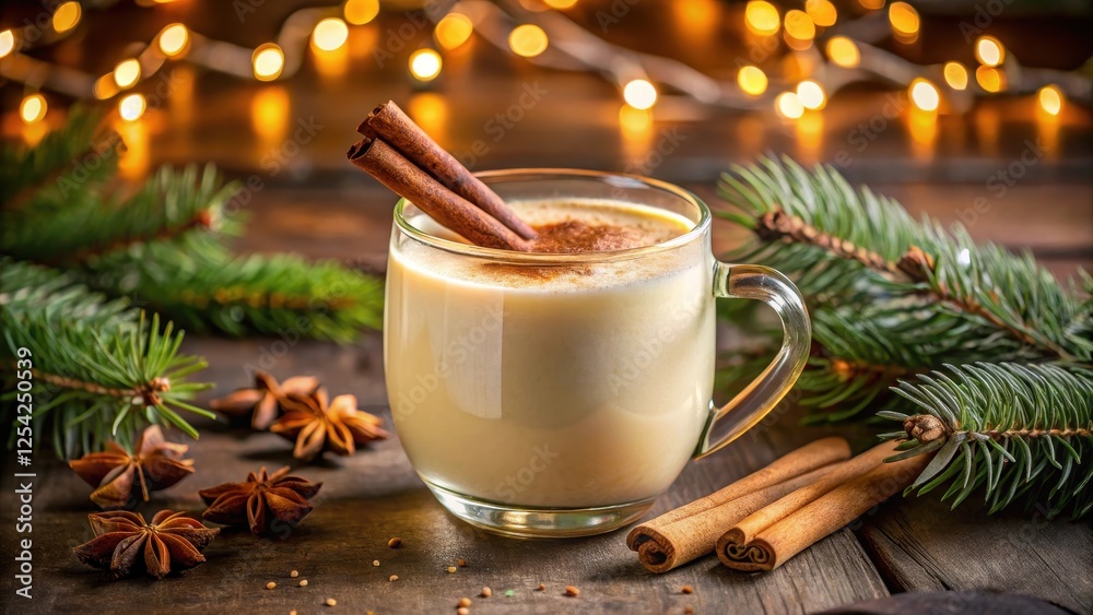 Warm Eggnog in a glass with cinnamon sticks and nutmeg on the table, cozy holiday atmosphere, season, festive, season, festive Warm Eggnog in a glass with cinnamon sticks and nutmeg on the table, cozy holiday atmosphere, season, festive, season, festive