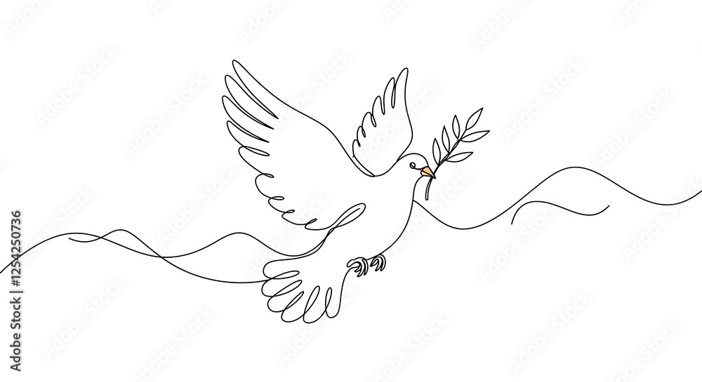 Obraz premium Dove with olive branch linear vector icon. Flying dove bird thin line design element illustration. Peace sign, hope holy spirit church religion holiday symbol. Pigeon contour isolated outline drawing