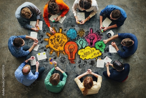 Close up of developer team using mind map to brainstorm idea. Top view of skilled group of business people working together writing marketing strategy by using markers and sticky notes. Symposium.