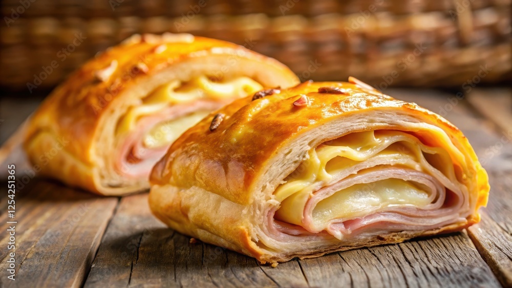 Flaky pastry roll filled with savory ham and melted cheese Flaky pastry roll filled with savory ham and melted cheese