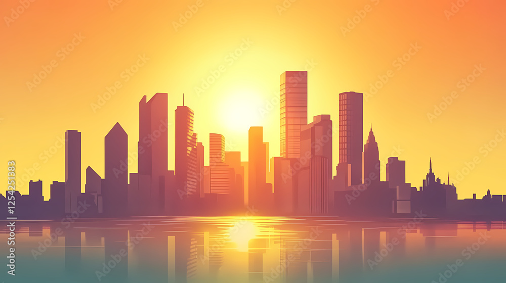 Fototapeta premium Stunning sunset over a vibrant city skyline featuring towering skyscrapers and reflective waters. Underground Skyscrapers. Illustration