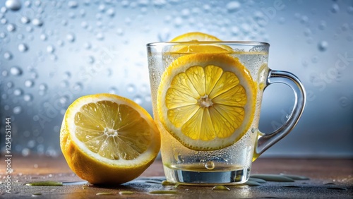 Detaille des gouttes de jus de citron sur le verre de boisson chaude, grippe photo