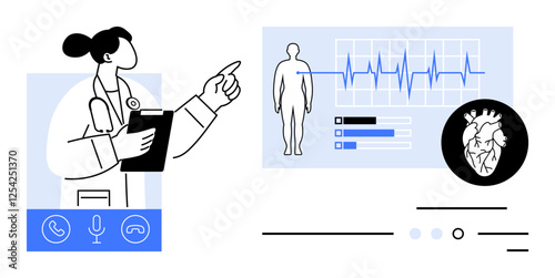 Female doctor with stethoscope and tablet pointing at medical data charts and heart rate graph. Ideal for telehealth, medical technology, online consultations, digital health records, telemedicine
