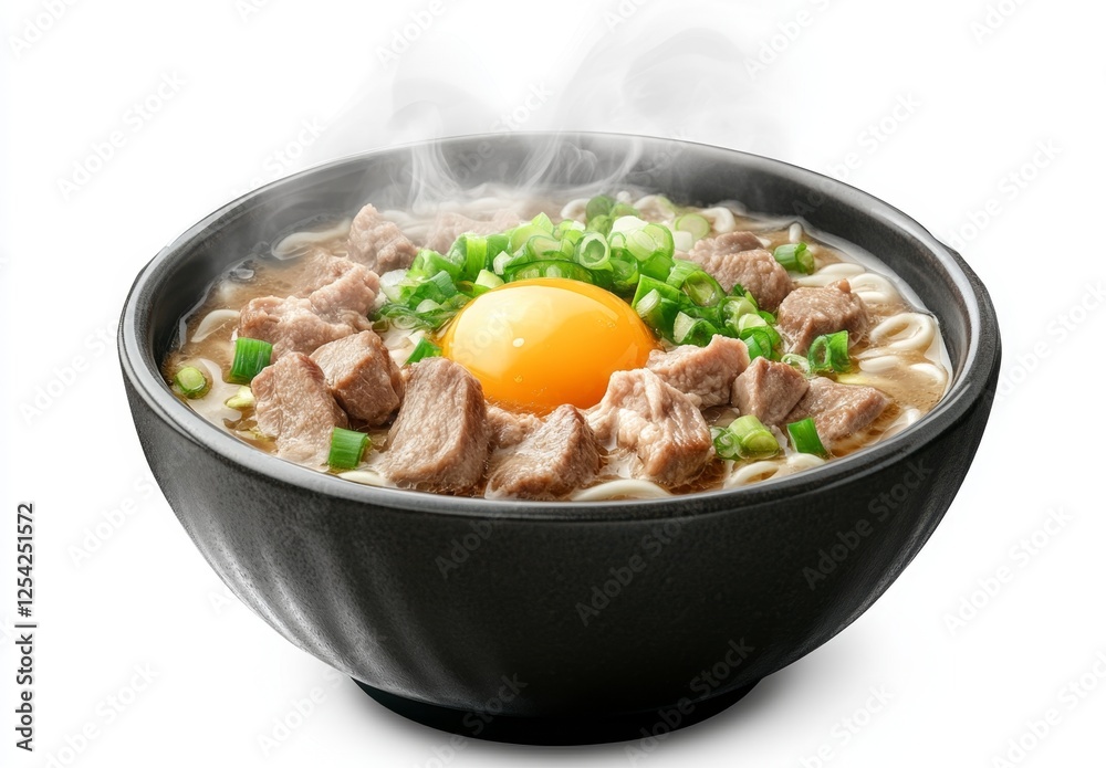 Steaming Beef Noodle Soup, Egg, Studio Shot, White Background, Food Photography Steaming Beef Noodle Soup, Egg, Studio Shot, White Background, Food Photography