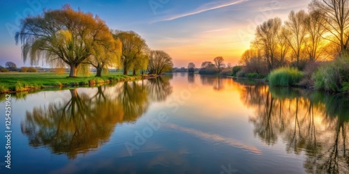 Wallpaper Mural Softly fading light on a peaceful riverbank at dusk with willows and trees reflected in the calm water of the River Yare Torontodigital.ca