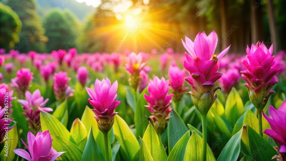 Fototapeta premium Vibrant Siam tulip flowers in full bloom, surrounded by lush green foliage and warm sunlight filtering through the leaves , flower field, wildflowers