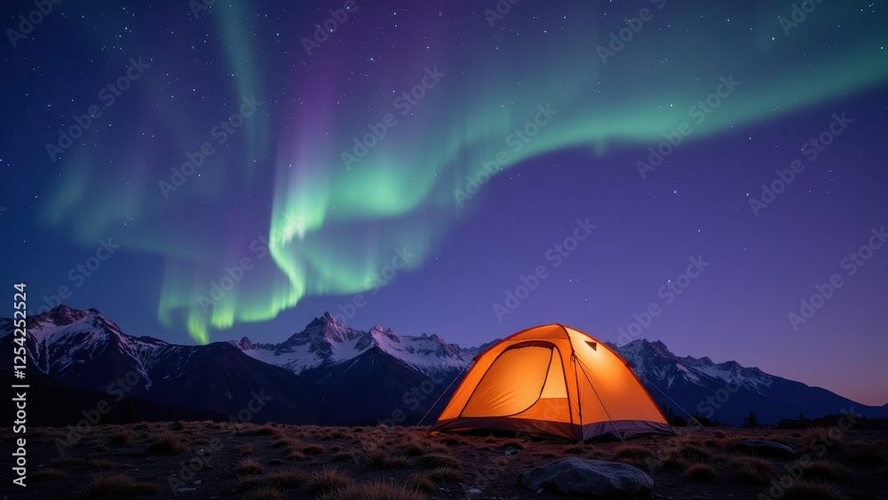 Majestic aurora borealis dances across a deep purple night sky; vibrant green swirls contrast with twinkling stars peeking from above Majestic aurora borealis dances across a deep purple night sky; vibrant green swirls contrast with twinkling stars peeking from above