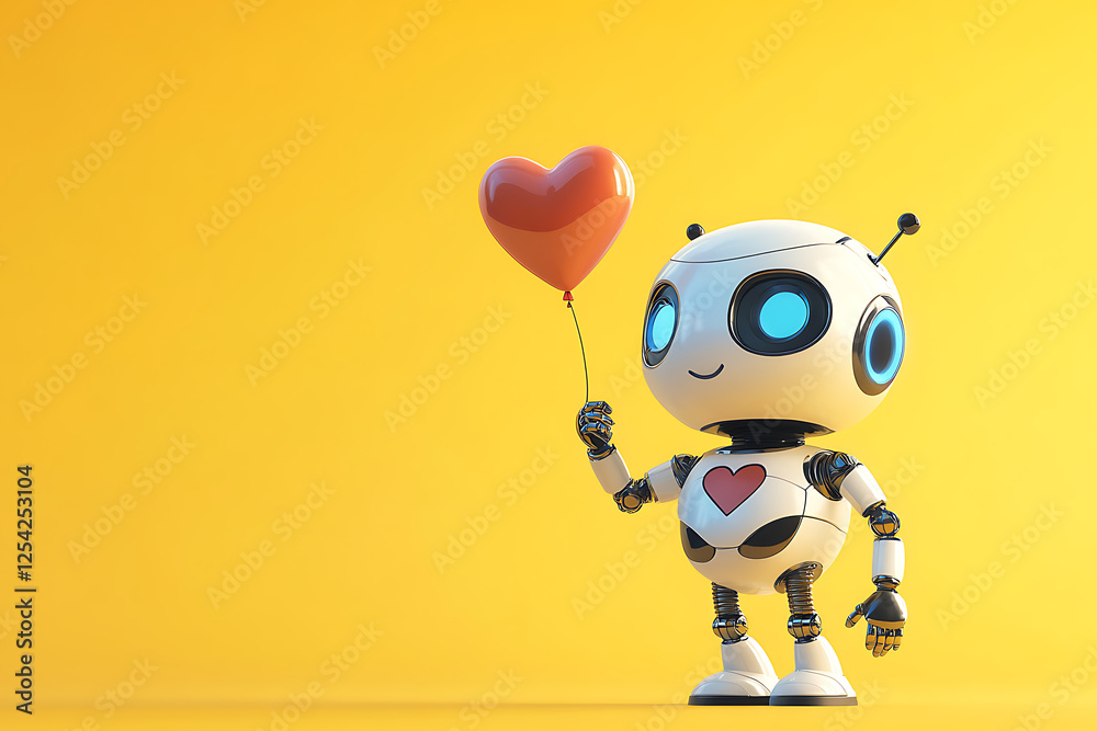 Cute robot holding a red heart-shaped balloon against a bright yellow background, symbolizing love Cute robot holding a red heart-shaped balloon against a bright yellow background, symbolizing love