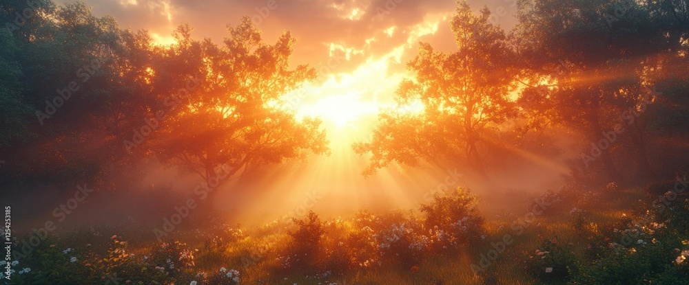 Golden Sunset Through Trees In Misty Meadow Golden Sunset Through Trees In Misty Meadow