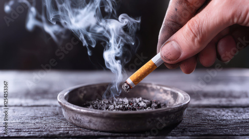 Quitting smoking according to the concept of drug addiction treatment. close up shot of weathered hand extinguishing cigarette ashtray, evoking sense of contemplation