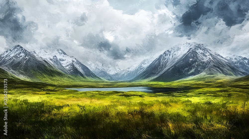 Fototapeta premium Serene Mountain Valley Landscape with Cloudy Sky