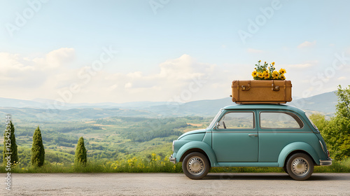 vintage blue car with suitcase and flowers on top, parked in nature