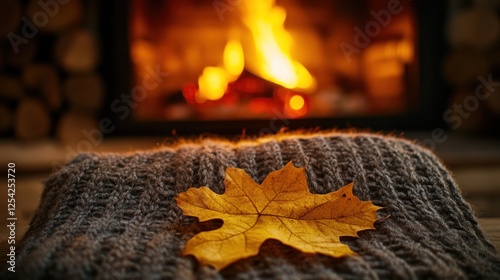 Cozy autumn scene with fireplace and leaf on knit blanket.