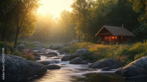 Water flowing between rocks in the forest, with a lush nature background.