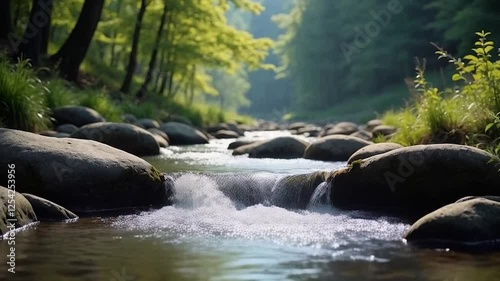 Water flowing between rocks in the forest, with a lush nature background.